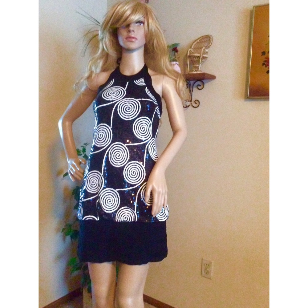 Cache Sequin Swirl Halter Dress (2)